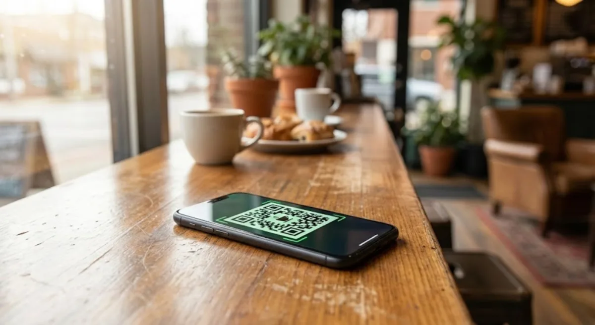 Phone showing QR code on a coffee shop counter